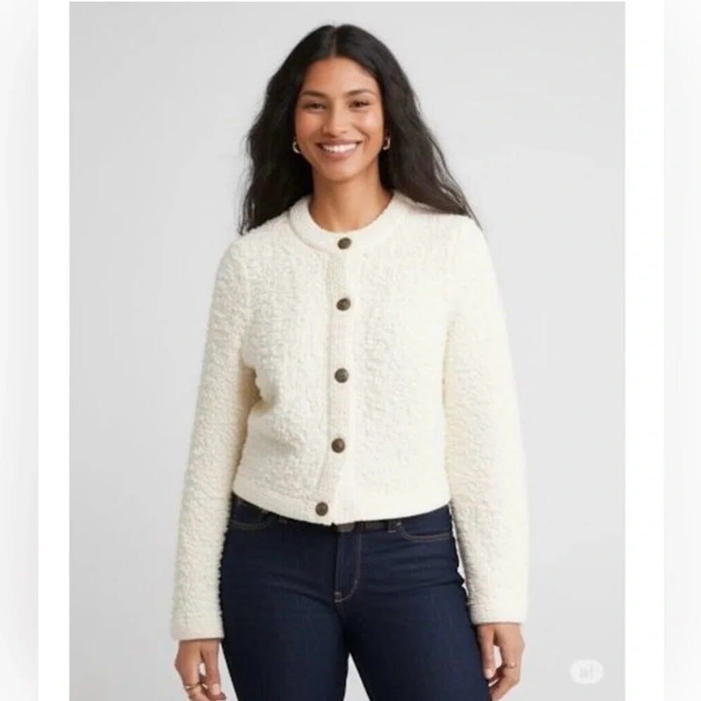 Talbots Boucle Ivory Wool Blend Button Front Cardigan Sweater Jacket
